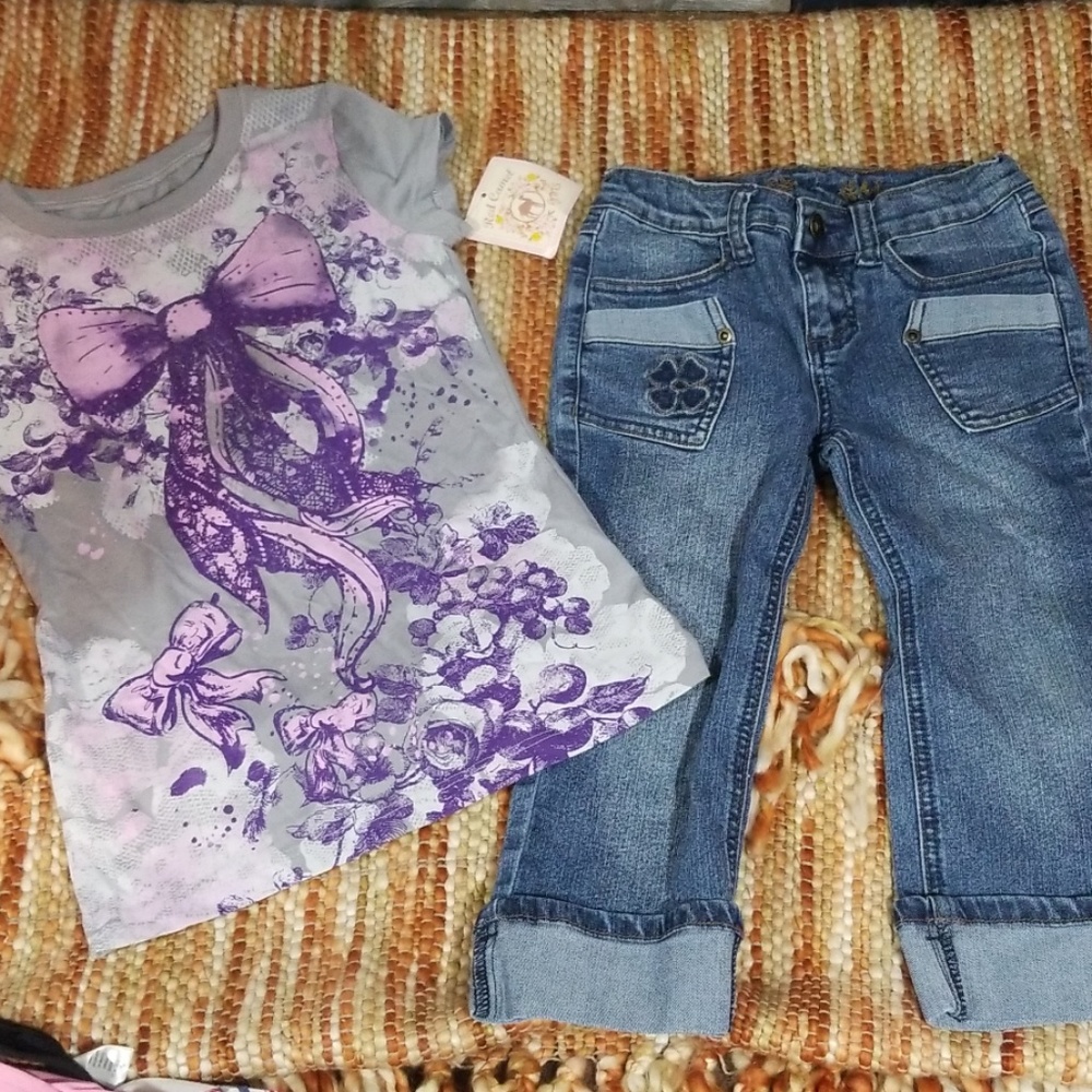 Girls 7 cropped Jeans nwt‎ t shirt glitter bundle